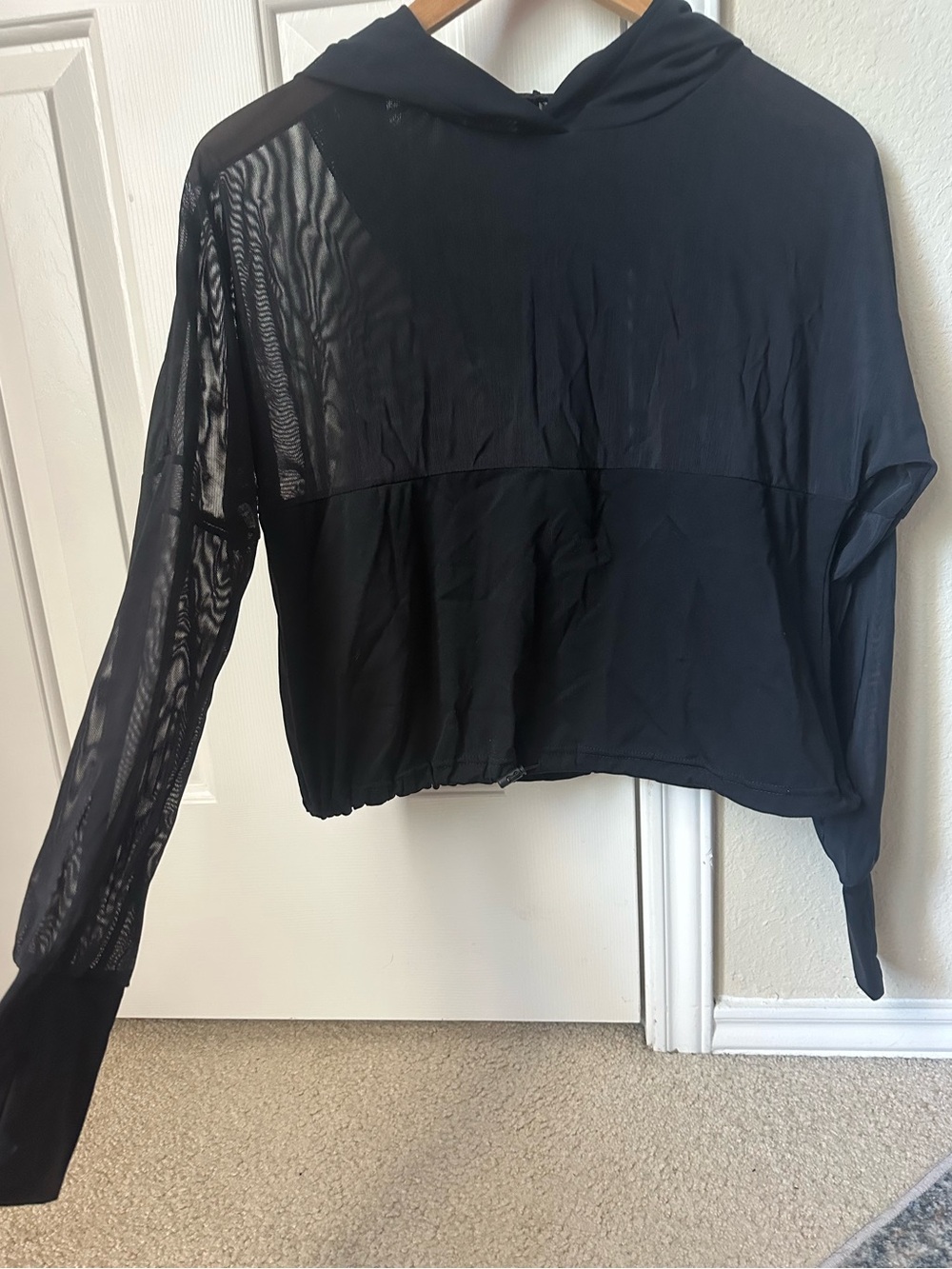 BuffBunny Collection Escandala Black Sheer-Sleeve Hooded Long Sleeve Top
